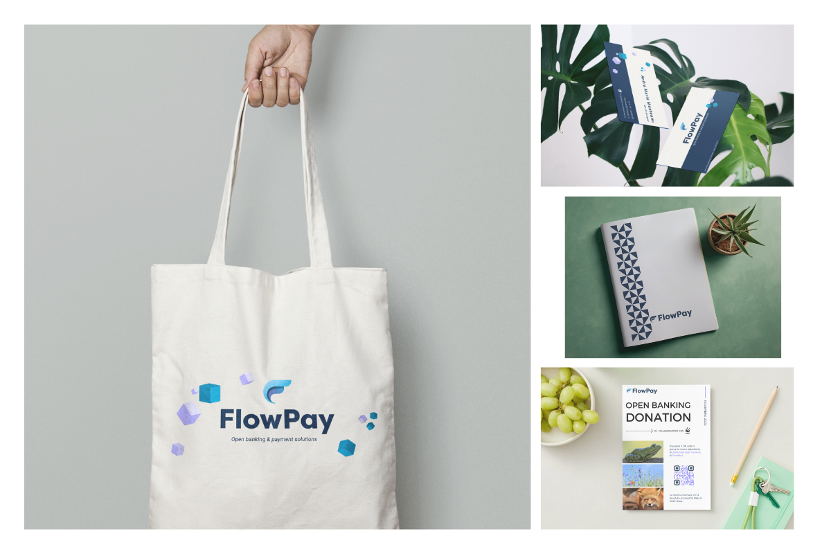 Brand applications across tote bags, business cards, notebooks and promotional materials