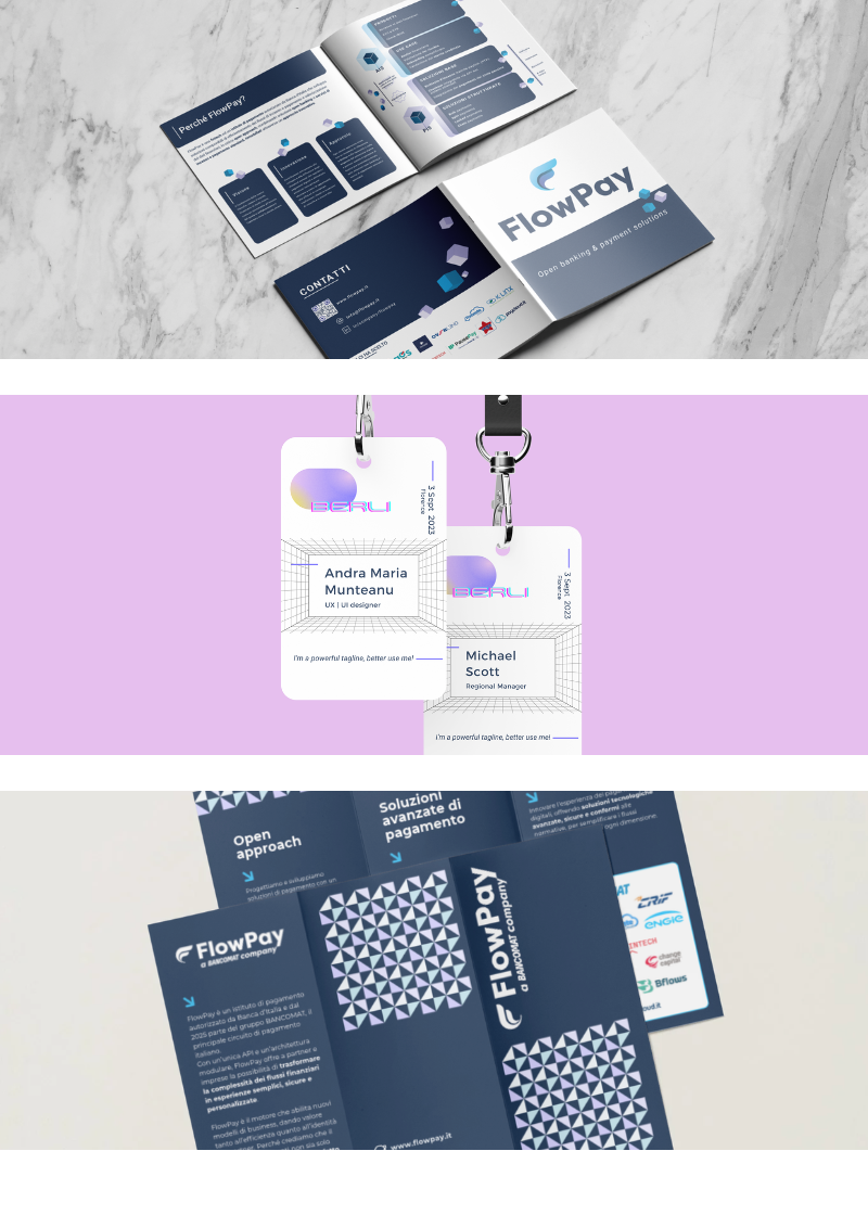 Editorial design selection including brochures, badges and printed materials
