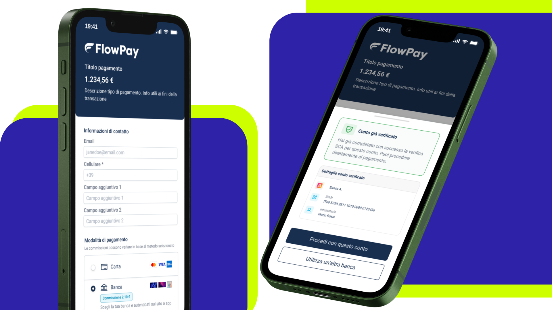 FlowPay checkout shown across two phone mockups