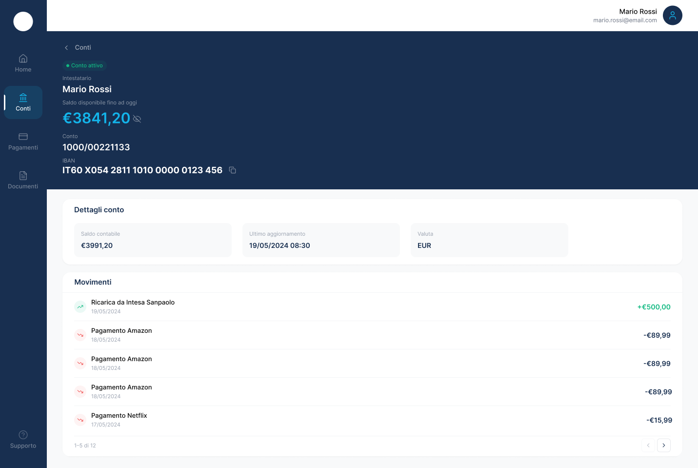 Payment account overview on desktop
