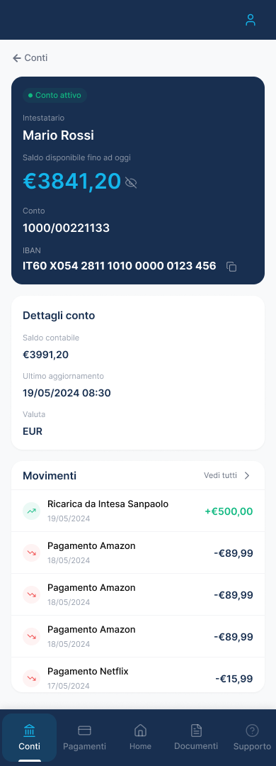 Payment account overview on mobile